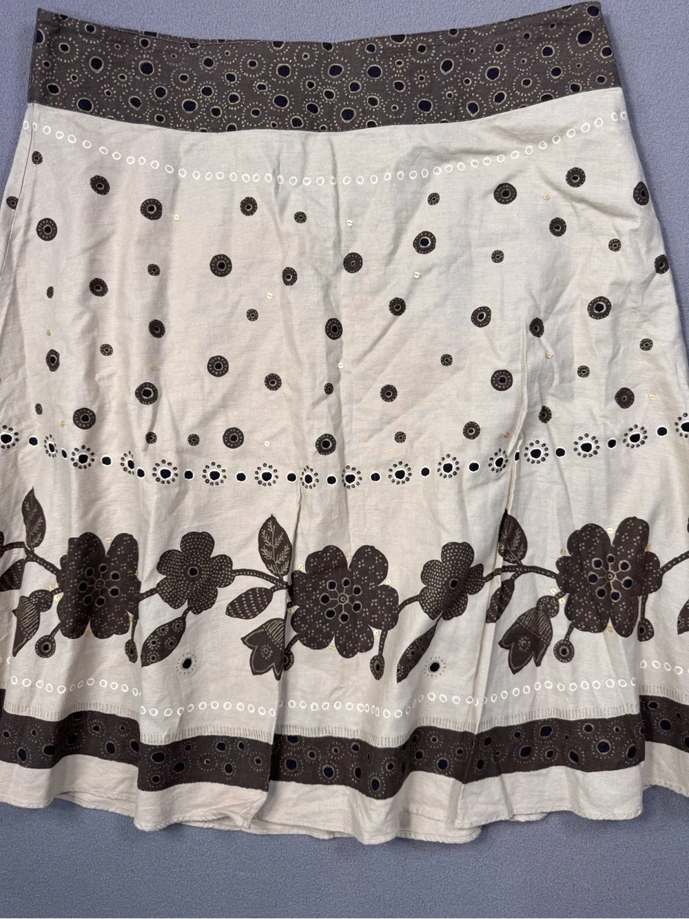 Liz Claiborne Vintage Cottagecore Fairy,Cream A-Line Skirt,Brown Floral Trim, 14